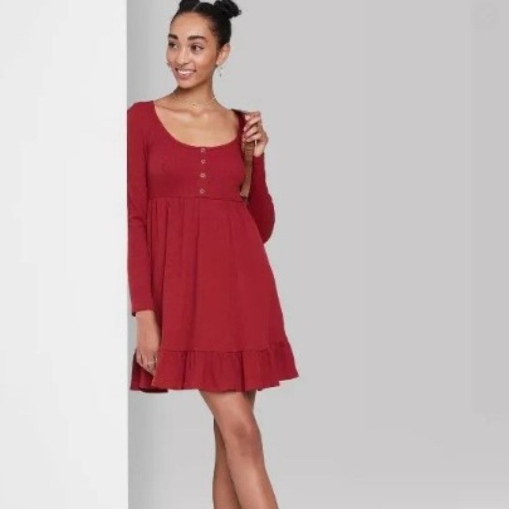 Wild Fable™ Knit Babydoll Dress Long Sleeve Red
